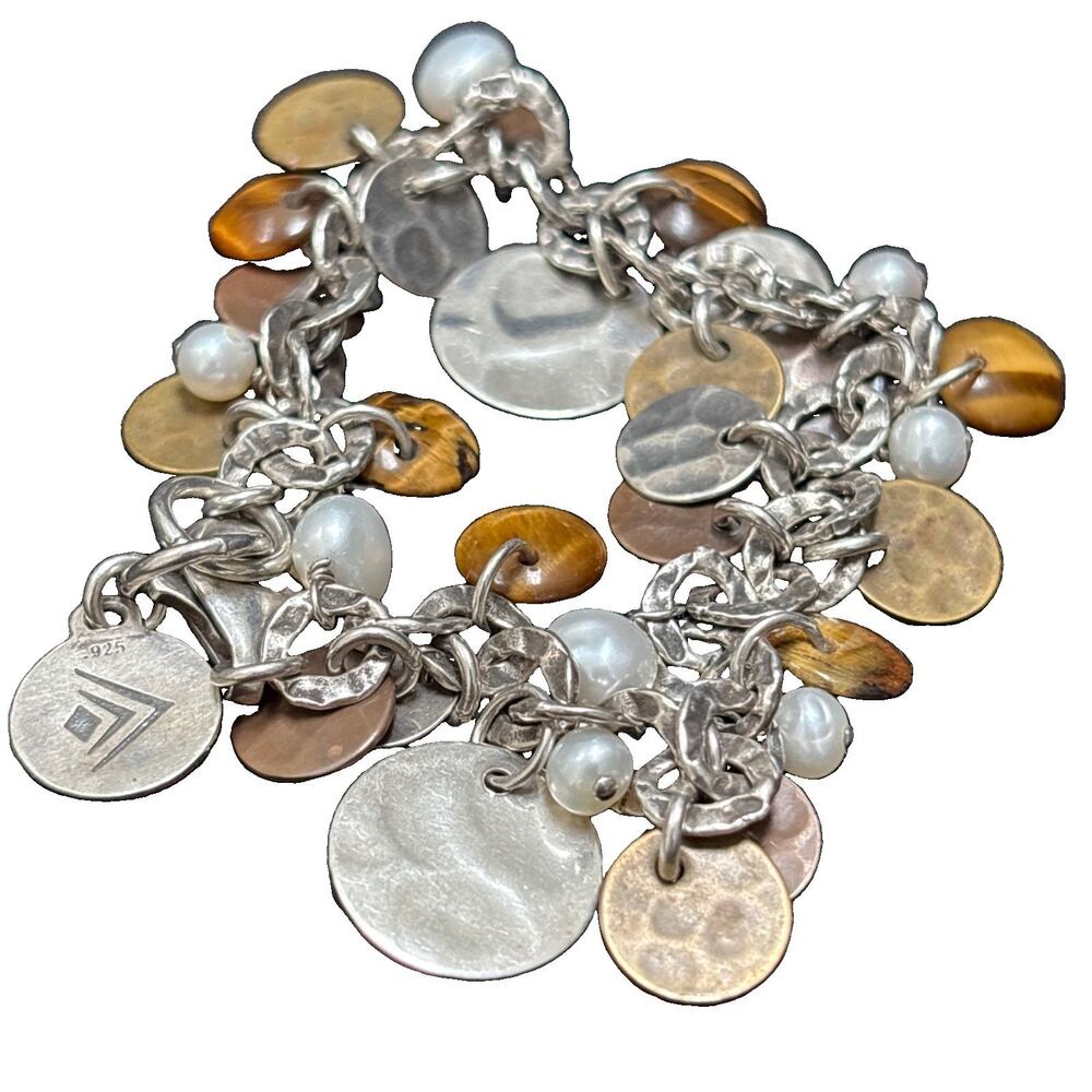 SILPADA Vintage Sterling Silver CHA CHA Bracelet Tigers Eye Pearl Disc Charms 8”